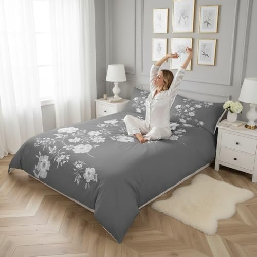 Homewish Kids Gray Floral Duvet Cover Set,Women Botanical Floral