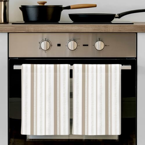 Brown Beige Stripe Kitchen Towels Set of 3, Modern Minimalist