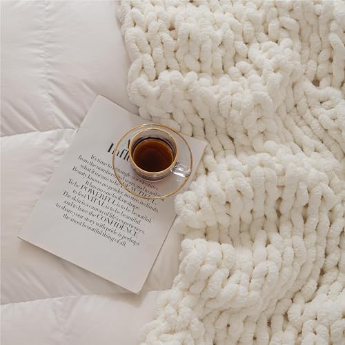 Chunky Knit Blanket Throw for Couch 50"×60" Cream