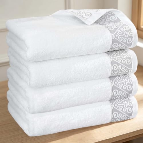 VOOVA & MOVAS Bath Towels 4 Pack, 100% Cotton, 27x55 in,White Gray