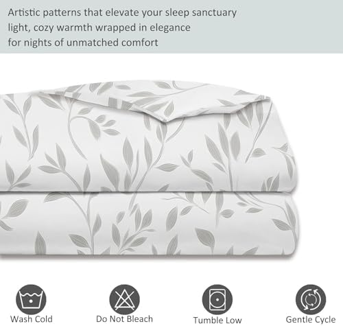 Duvet Cover King - Simple Leaves Vines Bedding Set Light Gray Soft