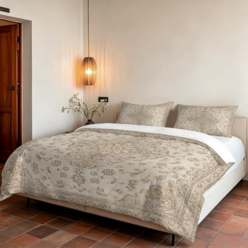Beige Flowers Boho Duvet Cover Set 3 Pieces with Zipper Closure