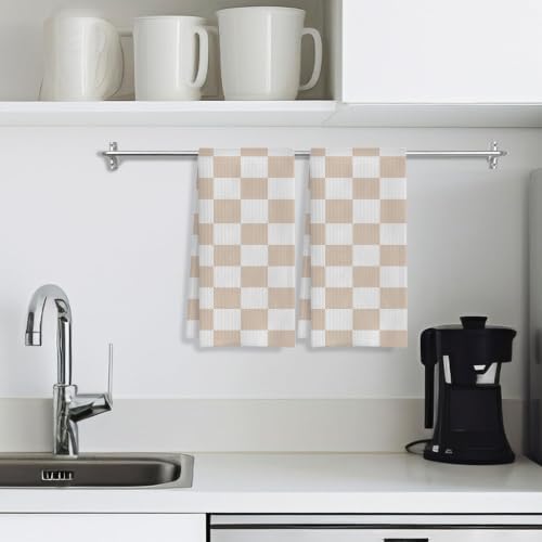 Beige and White Checkered Plaid Hand Towels for Bathroom Set of 2,Soft