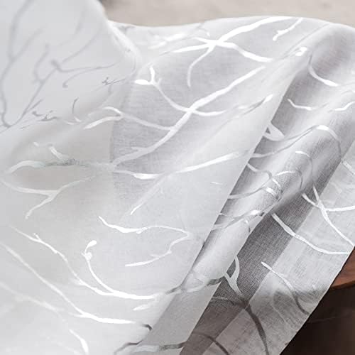 Kotile White Sheer Curtains with Silver Tree Branch 52x63 Inch, 2