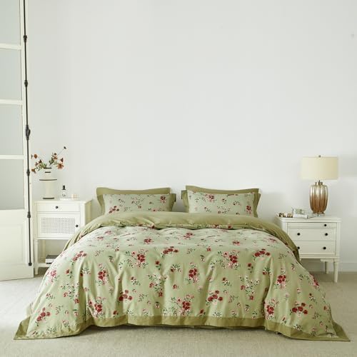 YuHeGuoJi Red Flower Duvet Cover Queen 100% Cotton 3 Pcs Set 1 French