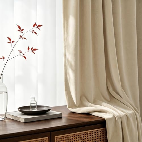 Dchola Creamy Beige Velvet Blackout Curtains Rod Pocket 52x108, 2