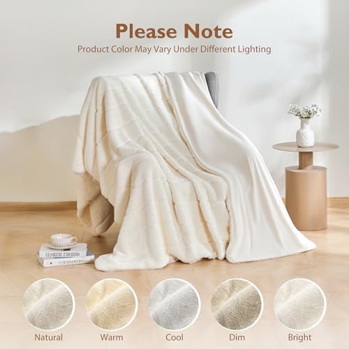 ALPHA HOME, Faux Rabbit Fur Throw Blanket, Polyester Faux Fur, Cream