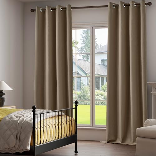 Brown 100% Blackout Linen Textured Curtains for Living Room, Bedroom