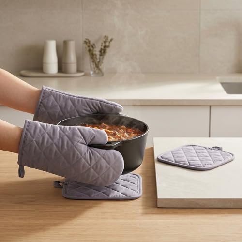 Oven Mitts Heat Proof Cotton Non Slip Kitchen Oven Gloves (Gray)