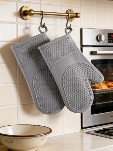 2 Pack Silicone Oven Mitts Pair, Ribbed Soft Silicone Oven Mitt with