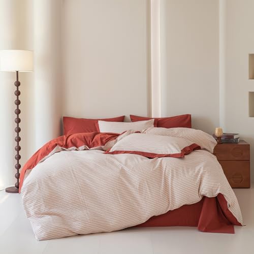 SUSYBAO Neutral Pinstripe Duvet Cover King 100% Washed Cotton 3 Pieces
