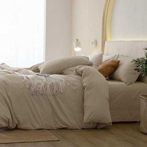 JIYUAN Full Washed Cotton Duvet Cover Set, 3-Piece, Relaxed Linen Feel