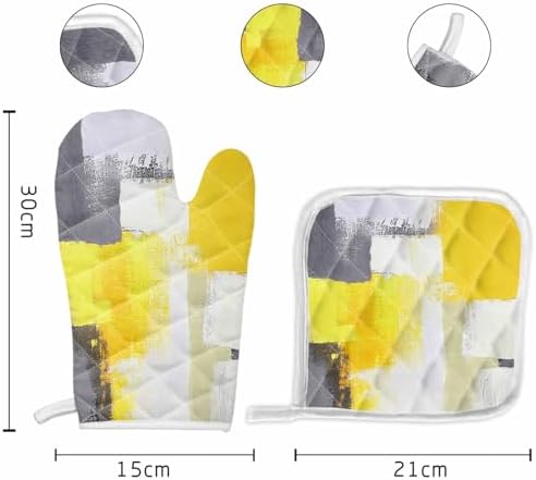 Quilted Cotton Terry Cloth Oven Mitt, Pot Holder Yellow Gray White