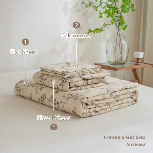 QSH 100% Cotton Sheets Set Twin Size,4PCs Floral Botanical Sprig Print