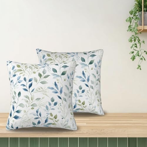 KiuLoam Blue Sage Green Watercolor Leaves Pillow Covers 22x22 Inch Set