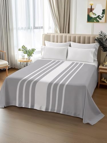 Cal King Size Flat Sheet Only, Light Gray White Stripes Bed Top Sheet