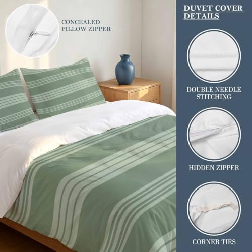 Duvet Cover Cal King Size 3 Piece Bedding Set, Sage Green Stripe