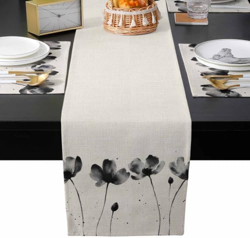 Ink Flowers Table Runner and Placemats Set of 6 Linen Texture Cotton