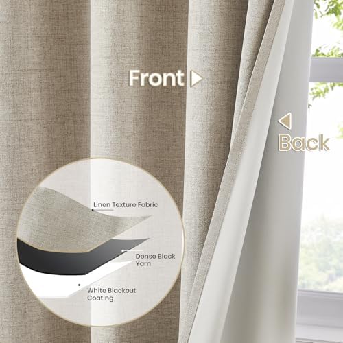 Melodieux 100% Blackout Beige Linen Curtains 108 Inches Long for