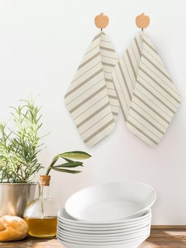 Beige Brown Striped Dish Towels Set, Waffle Weave Kitchen Towels