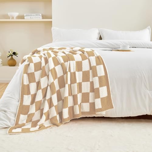 CozeCube Beige White Reversible Checkered Knit Throw Blanket 50"x60"