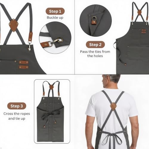 Chef Aprons for Men Women, 16oz Cotton Canvas Cross Back, 3 Pockets