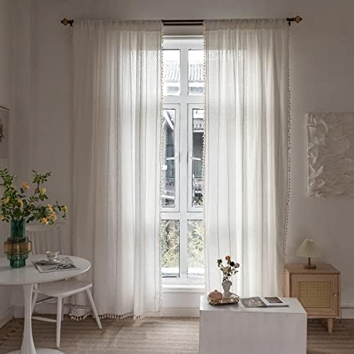 Boho Embroidery Linen Curtains 108 Inches Long for Living Room, 2