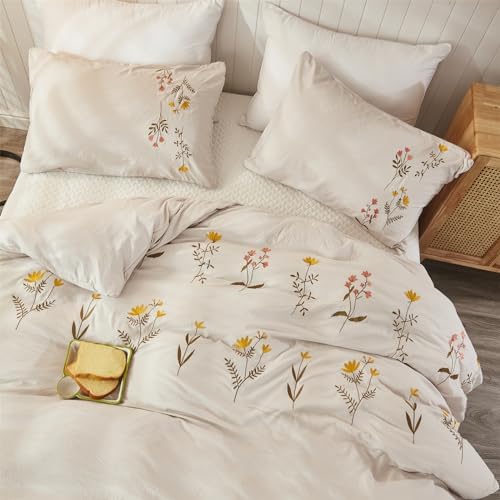 INFLAG Flower Duvet Cover Set, 3 Piece Cover Set Embroidered Floral
