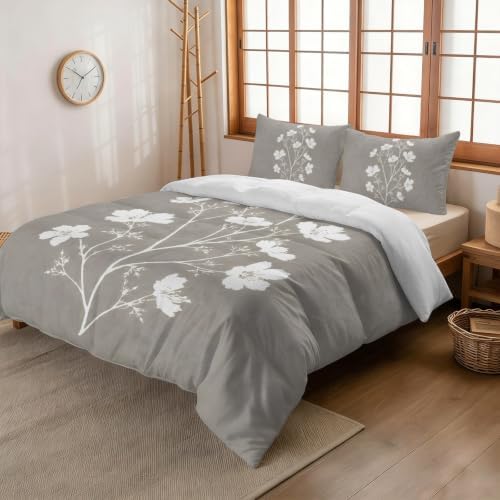 3 Pieces Bedding Set Queen Size, Gray Floral Blossom Soft Duvet Covers