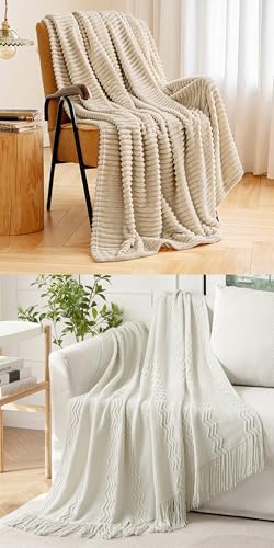 MIULEE Beige Fleece Throw Blanket and Cream White Knitted Throw
