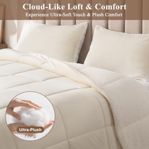 Fluffy Sherpa King Comforter Set, Thick Bedding Set 3 Pieces, Cream
