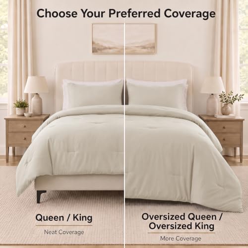 CozyLux Oversized Queen Comforter Set, 3 Pieces Beige Quilted Bedding