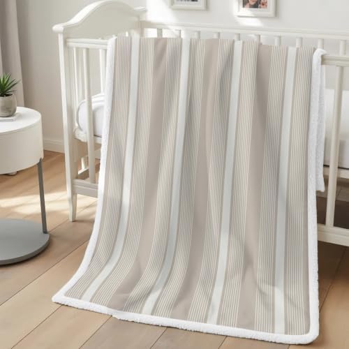 Fleece Sherpa Bed Blankets, Gray Brown Striped Microfiber Plush