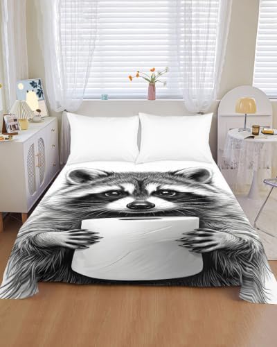 Cal King Size Flat Sheet Only, Raccoon Animal Portrait Bed Top Sheet