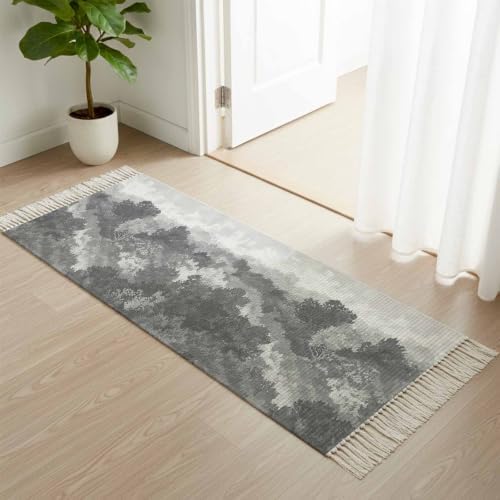Abstract Pine Trees Hallway Runner Rug 2'x5', Gray Forest Fogged Mist