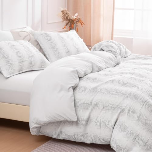 SLEEP ZONE Duvet Cover Set Queen, White Modern Jacquard Bedding Set