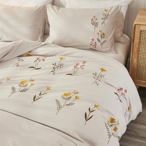 INFLAG Flower Duvet Cover Set, 3 Piece Cover Set Embroidered Floral