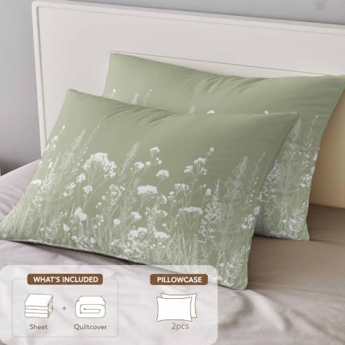Sage Green California King 4 Piece Duvet Cover Set, White Botanical