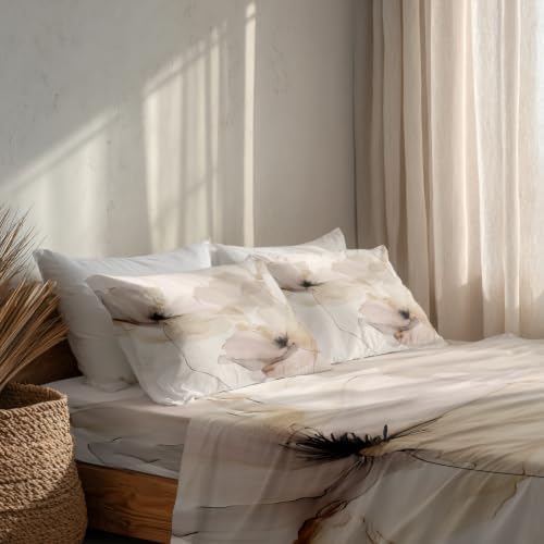 Floral Fluid Lines Artwork Queen Sheet Set, Delicate Petal Depiction
