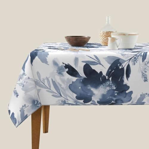Navy Blue Floral Tablecloth 60x60 Inch Square, Dark Blue and White