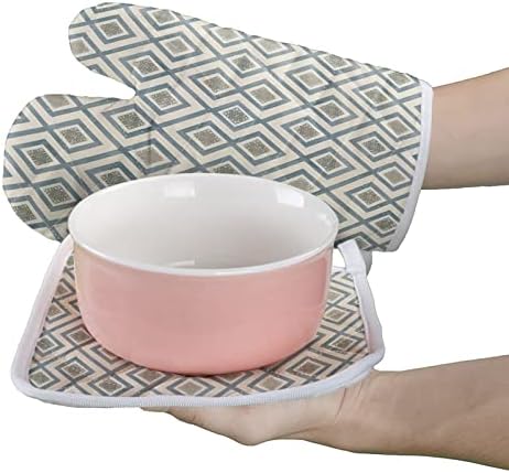 Oven Mitts and Pot Holder Set for Kitchen, Hand Drawn Rhombus
