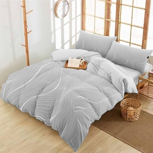 Duvet Cover Set Queen, Gray Ripple White Geometric Stripes 3 Piece