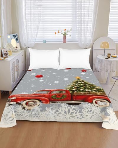 Cal King Size Flat Sheet Only, Farmhouse Red Truck Xmas Tree Bed Top
