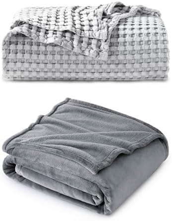 Bedsure Fleece Blanket and Cooling Cotton Waffle Blanket Queen Size