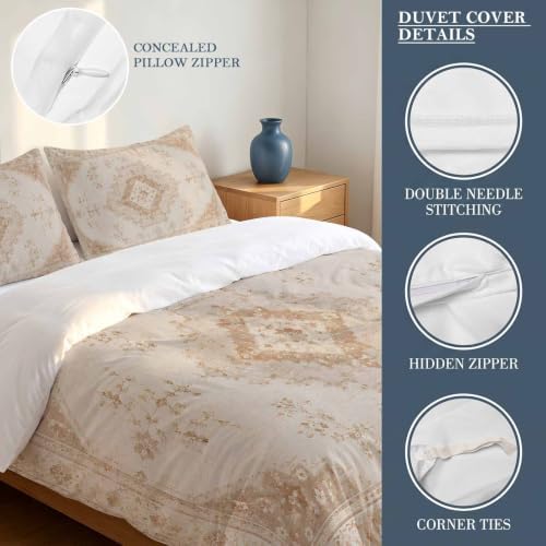 Beige Retro Art Boho Duvet Cover Set 3 Pieces with Zipper Closure