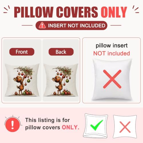 Christmas Pillow Covers 18x18 Ivory Red Deer Farmhouse Decor for Couch