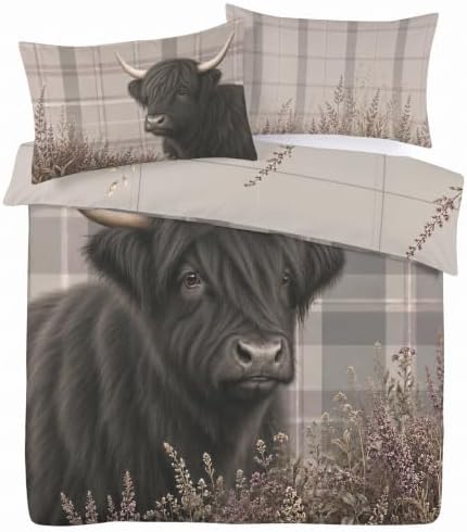 Highland Cow Duvet Cover Set King 104x90, Black Plaid Bedding
