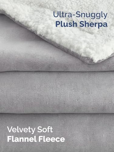 Sherpa Fleece Blanket Throw XL Size - Reversible Blanket - Grey, 50" x