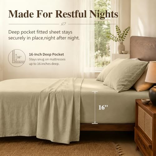 MEISHANG 100% French Linen Sheets Queen,4 Pcs,16" Deep Pocket
