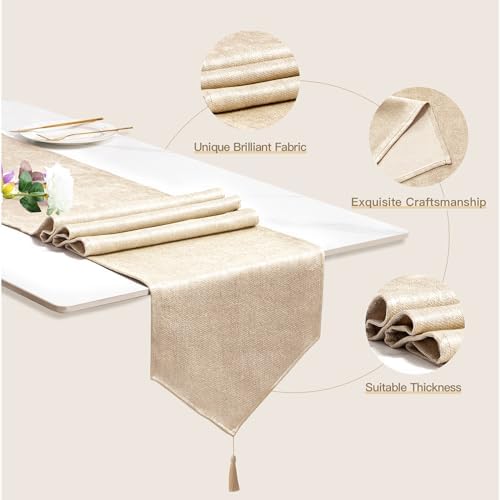BALCONY & FALCON Table Runner Faux Linen Shimmer Beige 14"x118"